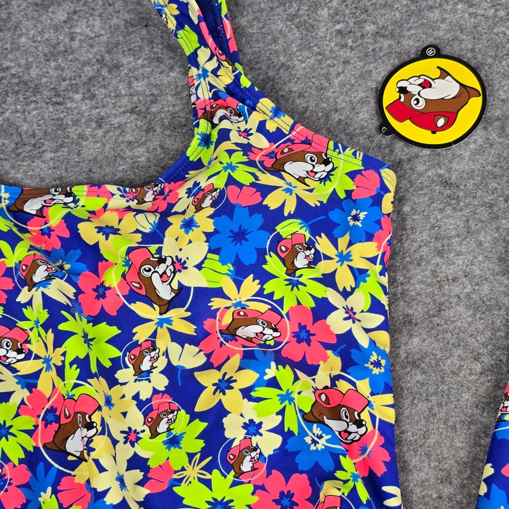 Buc-ee's Tropical Floral One Piece Swimsuit Blue Beaver Mascot XS -NWT & S-NWOT